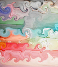 colorful abstract painting that resembles a mixture of clouds and waves