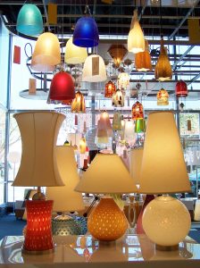 A shot of some colorful electric lamps from inside the Lumens lamp shop